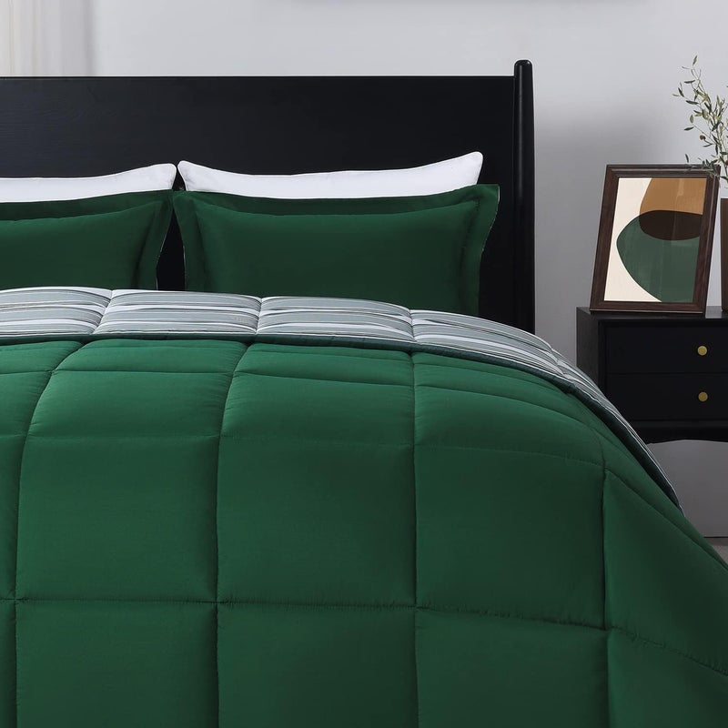 downluxe Queen Comforter Set(88"x92") 3-Piece,Stripes Green Reversible Comforter,2 Reversible Pillow Shams 20"x26",Microfiber Queen Comforter,Soft and Comfortable - Image 3