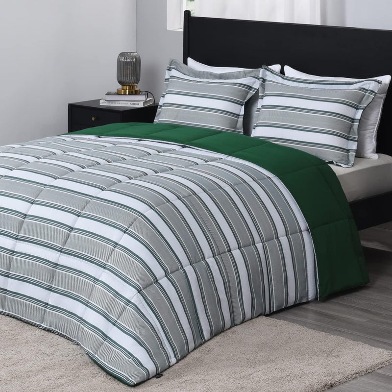 downluxe Queen Comforter Set(88"x92") 3-Piece,Stripes Green Reversible Comforter,2 Reversible Pillow Shams 20"x26",Microfiber Queen Comforter,Soft and Comfortable - Image 1