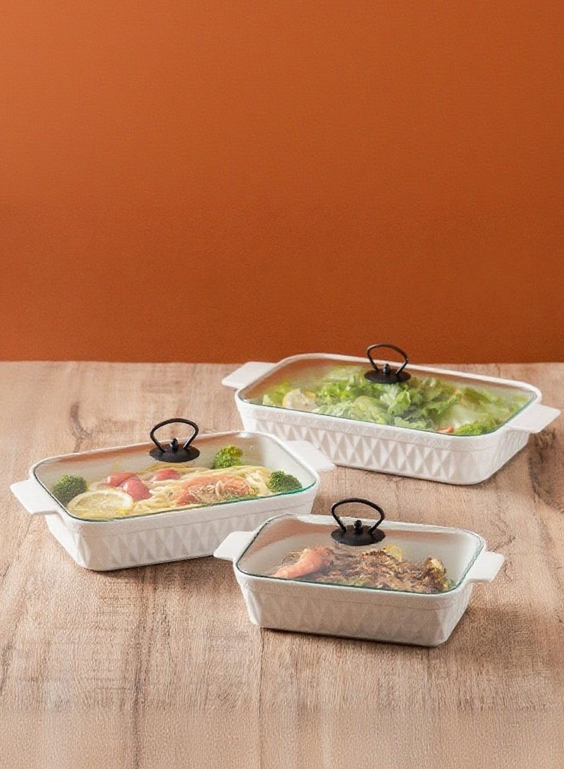 دوف طقم أطباق خبز مستطيلة من البورسلان مكون من 3 قطع مع غطاء زجاجي – أبيض/أسود، بالمقاسات 10 + 12 + 14.5 بوصة - Image 1