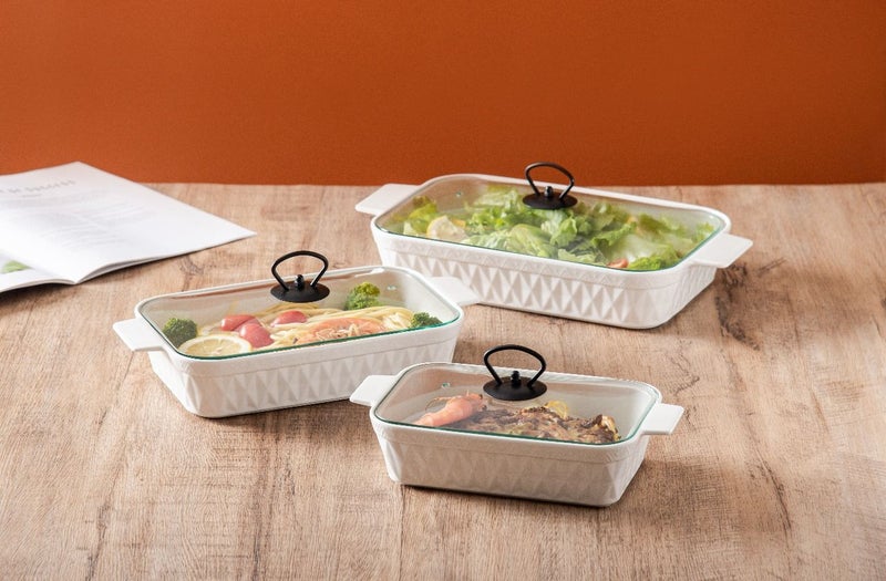 دوف طقم أطباق خبز مستطيلة من البورسلان مكون من 3 قطع مع غطاء زجاجي – أبيض/أسود، بالمقاسات 10 + 12 + 14.5 بوصة - Image 4