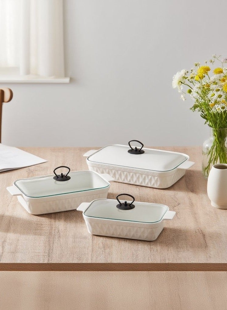 دوف طقم أطباق خبز مستطيلة من البورسلان مكون من 3 قطع مع غطاء زجاجي – أبيض/أسود، بالمقاسات 10 + 12 + 14.5 بوصة - Image 3