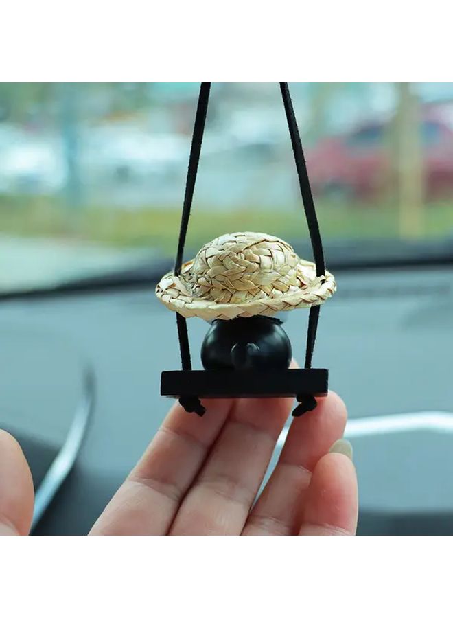 Cute Panda In Straw Hat Good Good Panda Car Mirror Charm Hanging Rearview Mirror Decoration Green Leaf Toy Durable Plastic Car Interior Accessory Dashboard Decor - Image 3