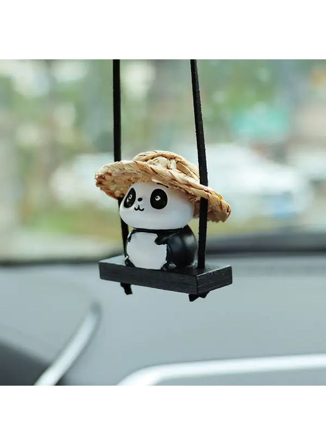 Cute Panda In Straw Hat Good Good Panda Car Mirror Charm Hanging Rearview Mirror Decoration Green Leaf Toy Durable Plastic Car Interior Accessory Dashboard Decor - Image 5