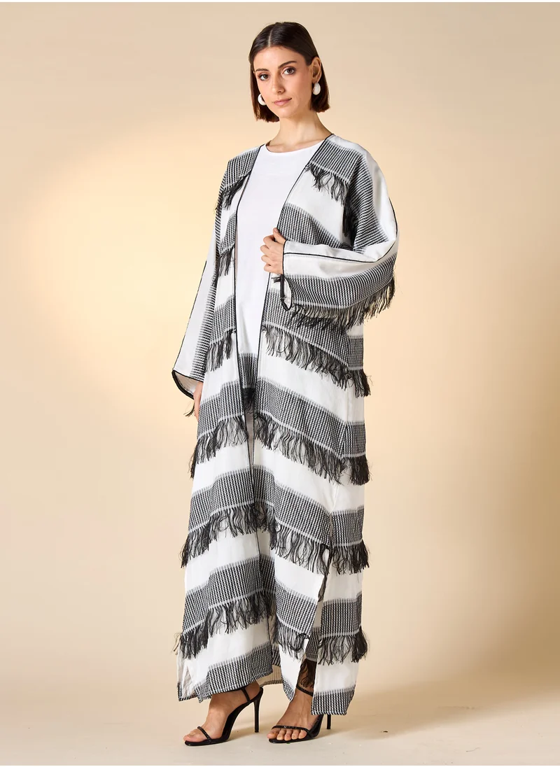 Hadiyath Al Madinah HM - Black-and-White Striped Fringe Abaya Set