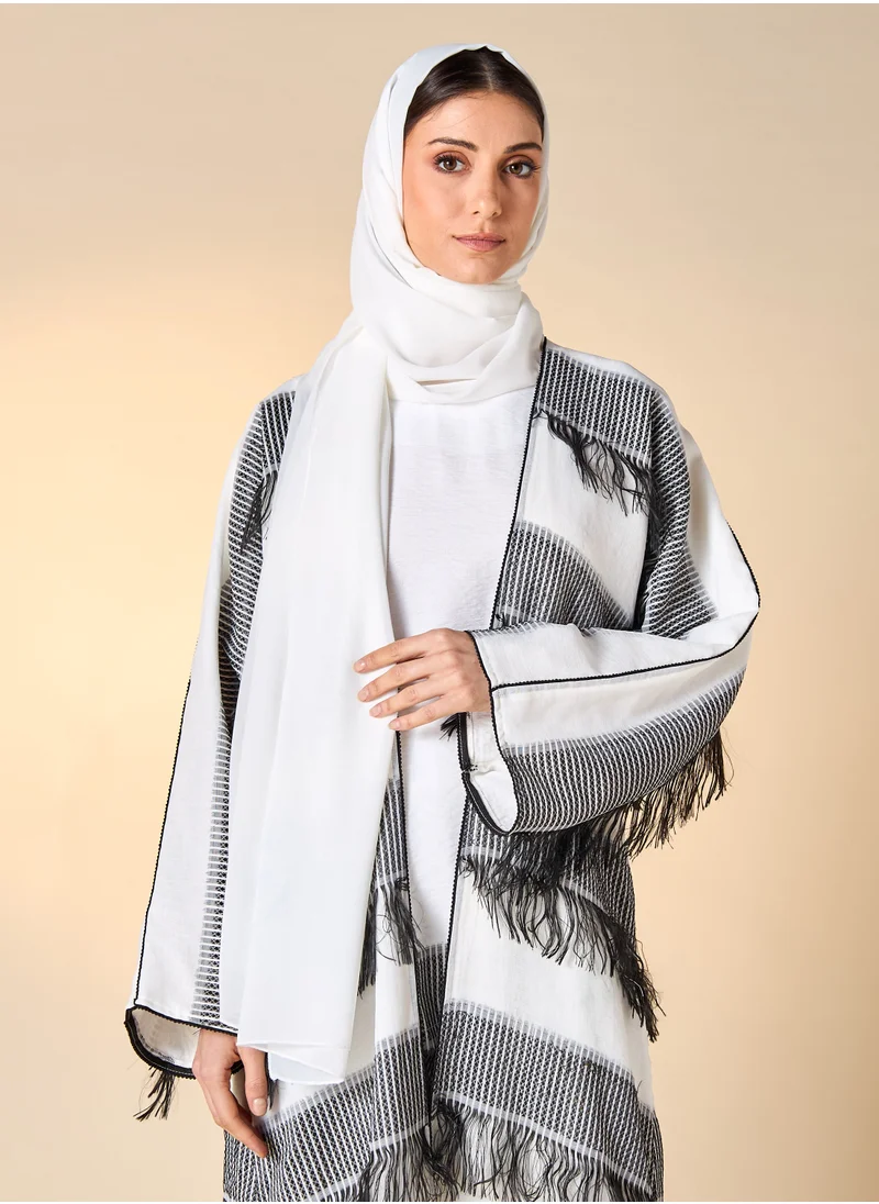 Hadiyath Al Madinah HM - Black-and-White Striped Fringe Abaya Set