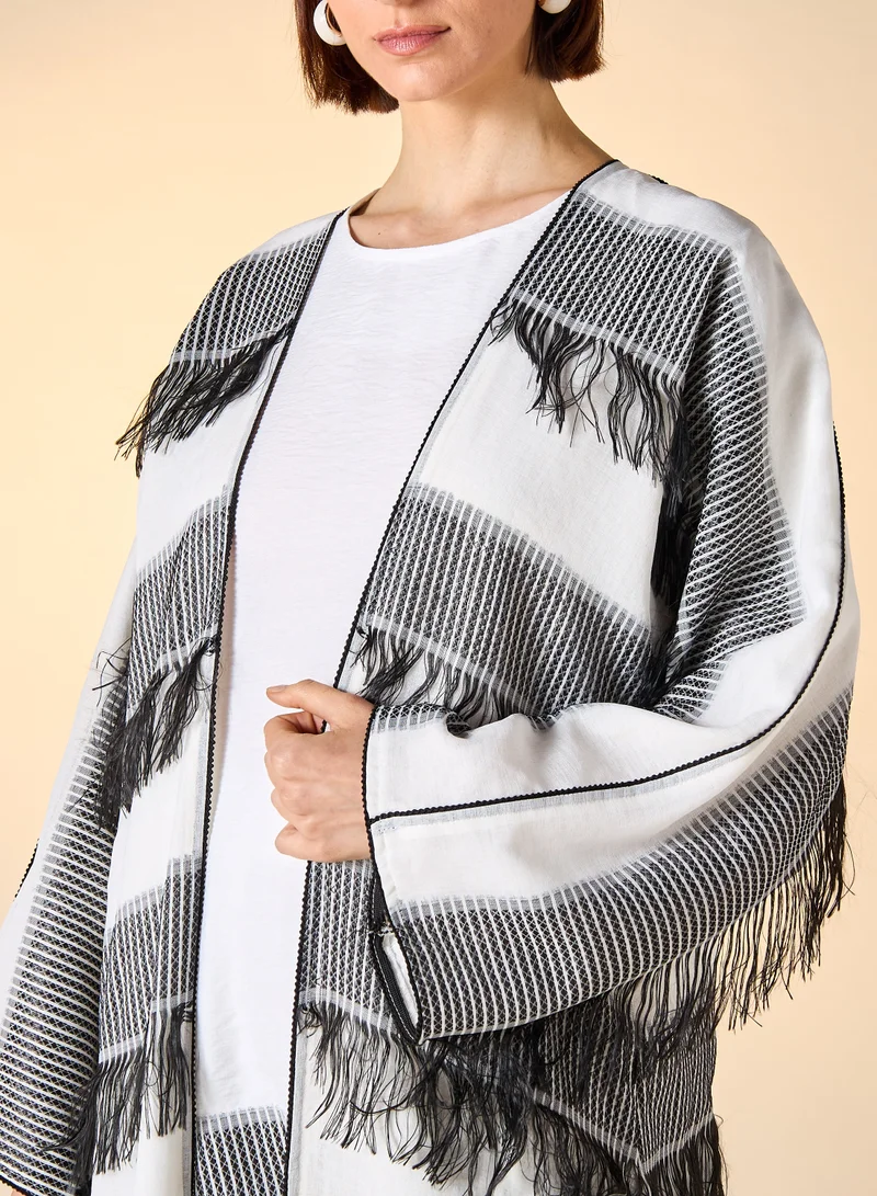 Hadiyath Al Madinah HM - Black-and-White Striped Fringe Abaya Set