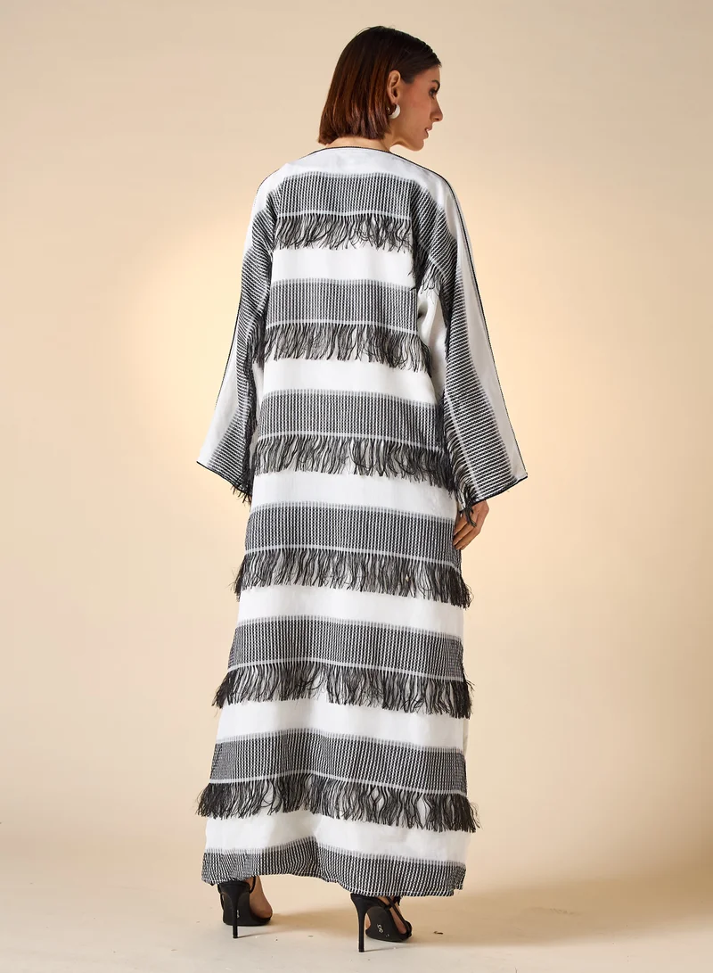 Hadiyath Al Madinah HM - Black-and-White Striped Fringe Abaya Set