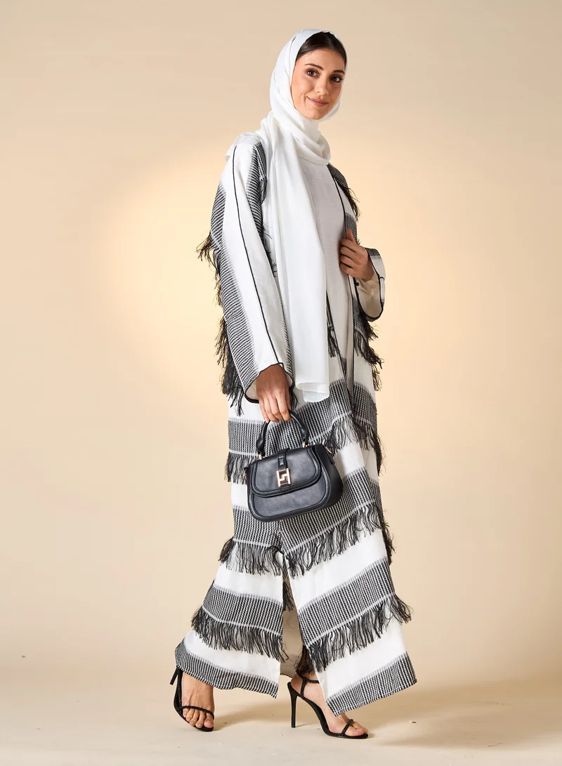 Hadiyath Al Madinah HM - Black-and-White Striped Fringe Abaya Set