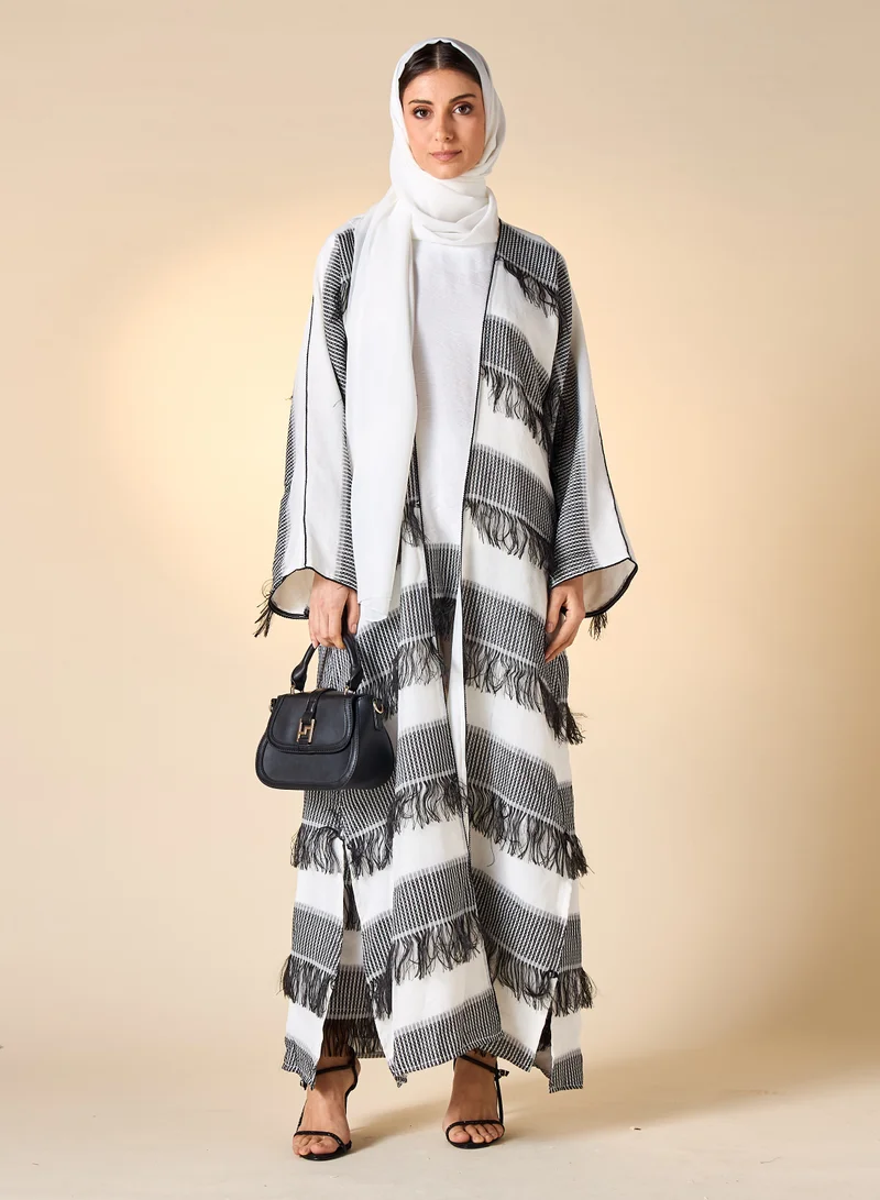 Hadiyath Al Madinah HM - Black-and-White Striped Fringe Abaya Set