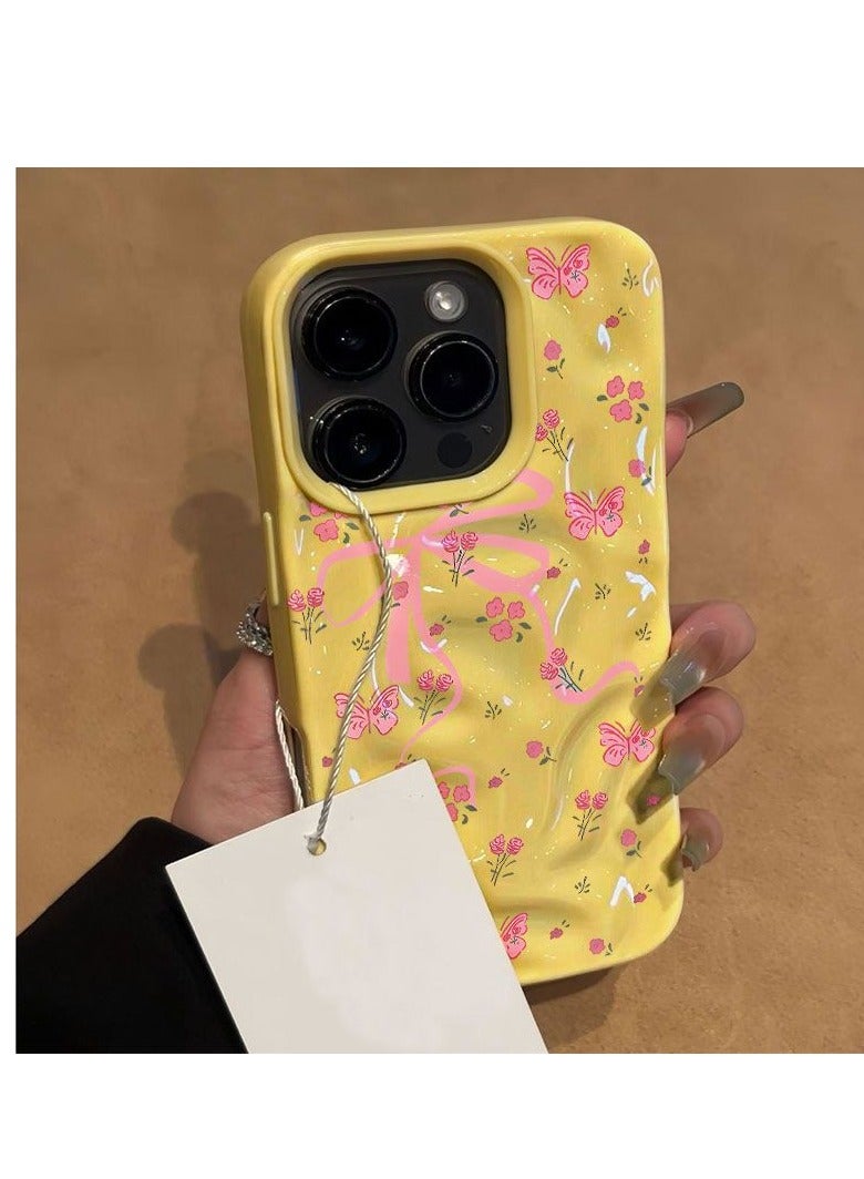 NIBEMINENT Pleated Bow Protective TPU Case Cover For IPhone 15 Pro Max, Yellow