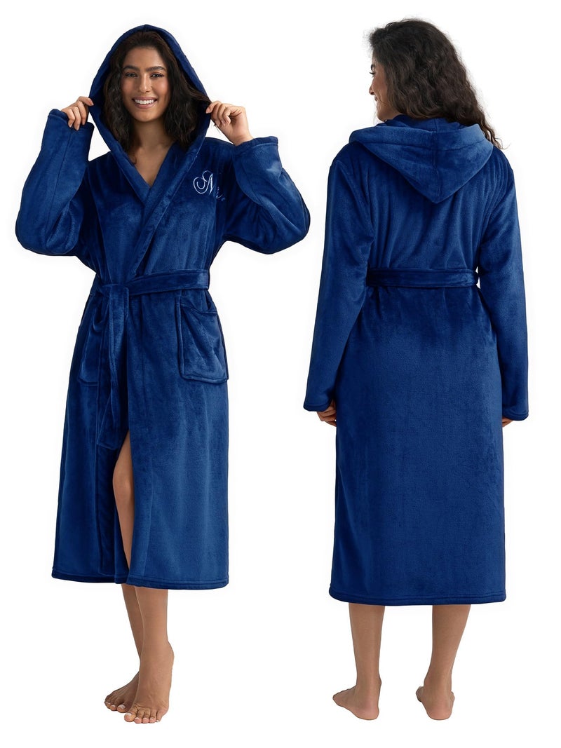 AW BRIDAL 2Pcs Matching Robes for Couples Flannel, Monogrammed Mr and Mrs Bathrobes with Hood, Long His and Her Spa Robes for Unisex, Wedding and Bridal Shower Gifts for Bride Groom, Royal Blue - Image 2