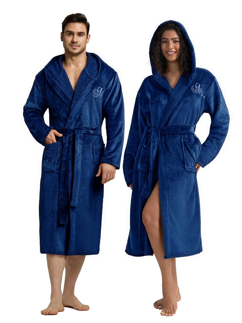 AW BRIDAL 2Pcs Matching Robes for Couples Flannel, Monogrammed Mr and Mrs Bathrobes with Hood, Long His and Her Spa Robes for Unisex, Wedding and Bridal Shower Gifts for Bride Groom, Royal Blue - Image 1
