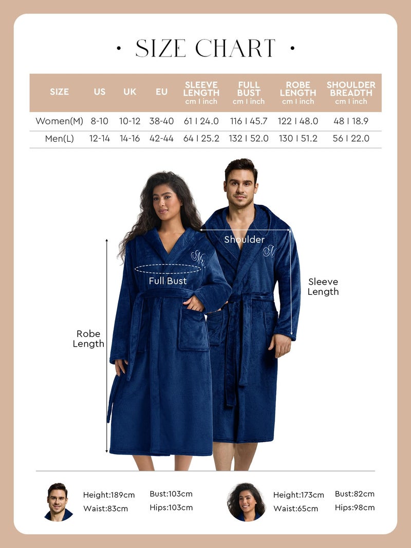 AW BRIDAL 2Pcs Matching Robes for Couples Flannel, Monogrammed Mr and Mrs Bathrobes with Hood, Long His and Her Spa Robes for Unisex, Wedding and Bridal Shower Gifts for Bride Groom, Royal Blue - Image 5