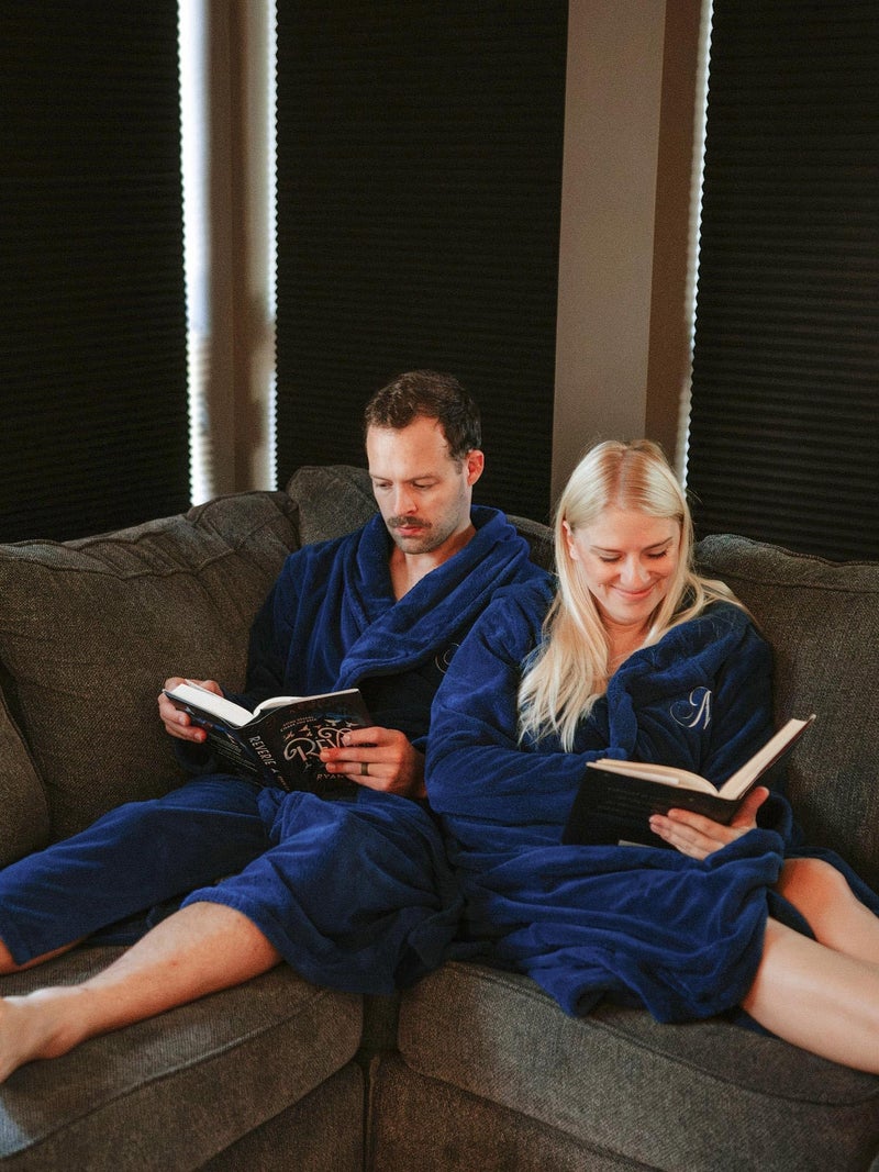 AW BRIDAL 2Pcs Matching Robes for Couples Flannel, Monogrammed Mr and Mrs Bathrobes with Hood, Long His and Her Spa Robes for Unisex, Wedding and Bridal Shower Gifts for Bride Groom, Royal Blue - Image 4