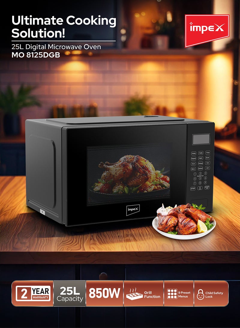 Impex 25L Digital Grill Microwave Oven With 850W Power, 9 Preset Menus, 1000W Grill Output, Child Safety Lock, 10 Power Levels, Defrost Settings, 285mm Glass Turntable, Timer, Push Button Door 25 L 850 W MO 8125DGB Black - Image 2
