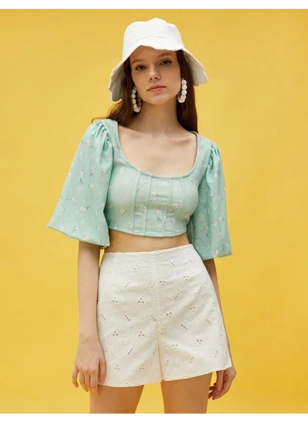 كوتون Cotton Corset Detailed Floral Crop Blouse