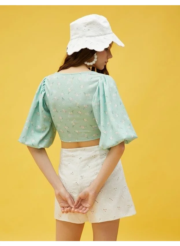 كوتون Cotton Corset Detailed Floral Crop Blouse