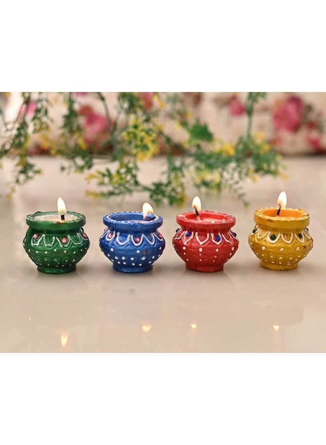 JAIPUR ACE Traditional Handmade Terracotta Clay Painted Matki Diya (Set of 4) - Image 1