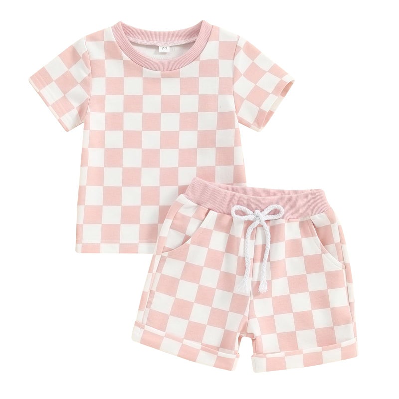 FOCUSNORM Toddler Baby Girl Outfit Newborn Girl Summer Clothes Short Sleeve T Shirt Checkerboard Top Set Elastic Waist Shorts (Checkerboard Pink, 12-18 Months) - Image 1