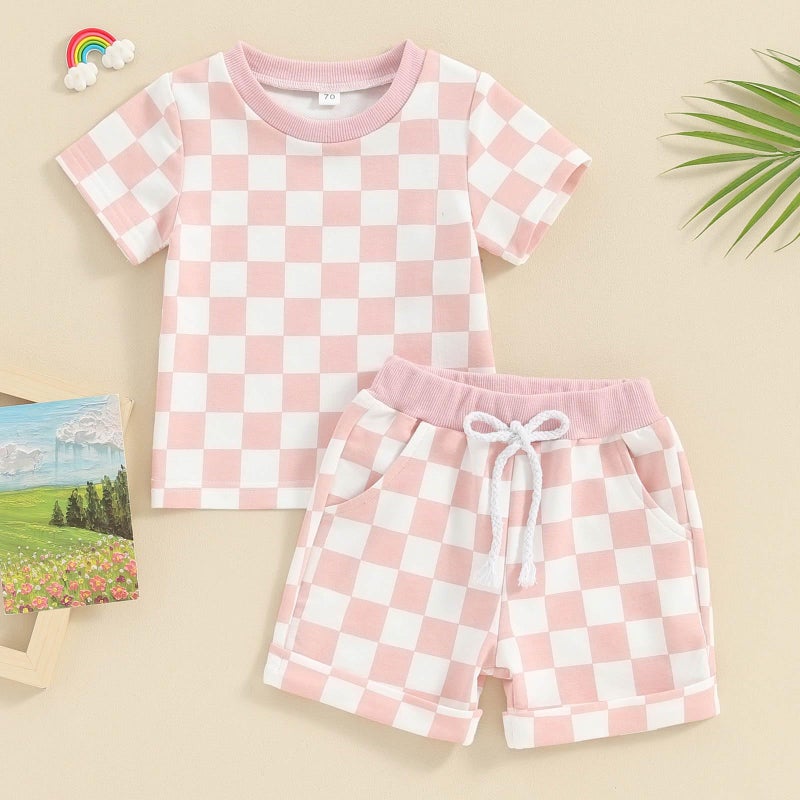 FOCUSNORM Toddler Baby Girl Outfit Newborn Girl Summer Clothes Short Sleeve T Shirt Checkerboard Top Set Elastic Waist Shorts (Checkerboard Pink, 12-18 Months) - Image 4