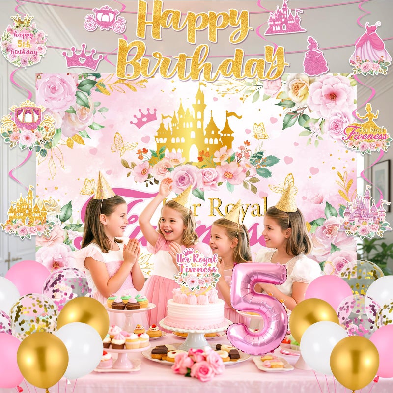 LUUFILx Princess 5th Birthday Party Decorations, Her Royal Fiveness Birthday Banner Pink Princess 5th Backdrop Banner Hanging Swirls Balloons Cake Topper for 5 Years Old Girl Bday Party Supplies - Image 2