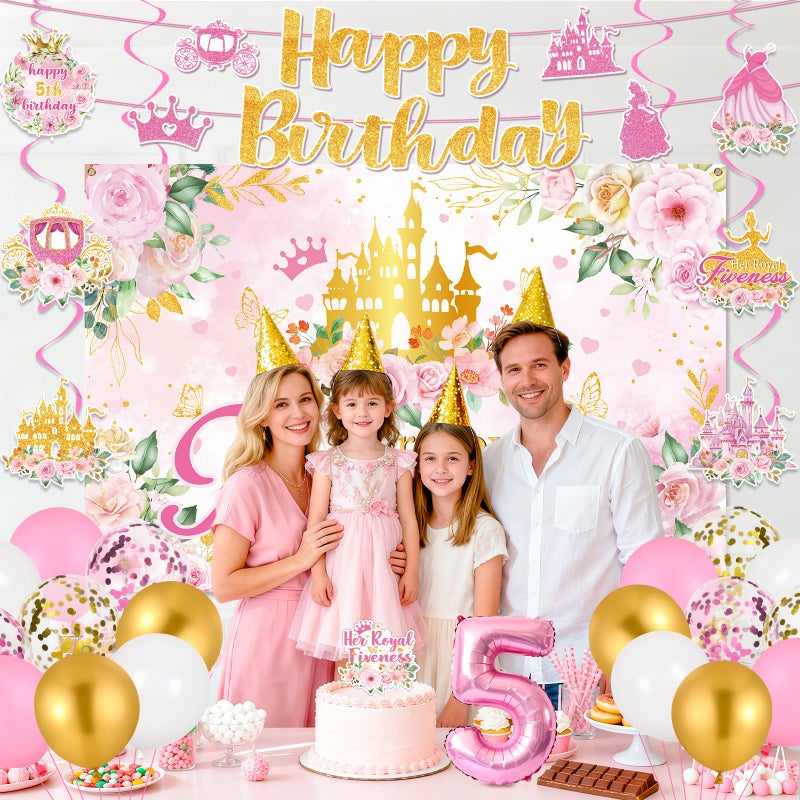 LUUFILx Princess 5th Birthday Party Decorations, Her Royal Fiveness Birthday Banner Pink Princess 5th Backdrop Banner Hanging Swirls Balloons Cake Topper for 5 Years Old Girl Bday Party Supplies - Image 3