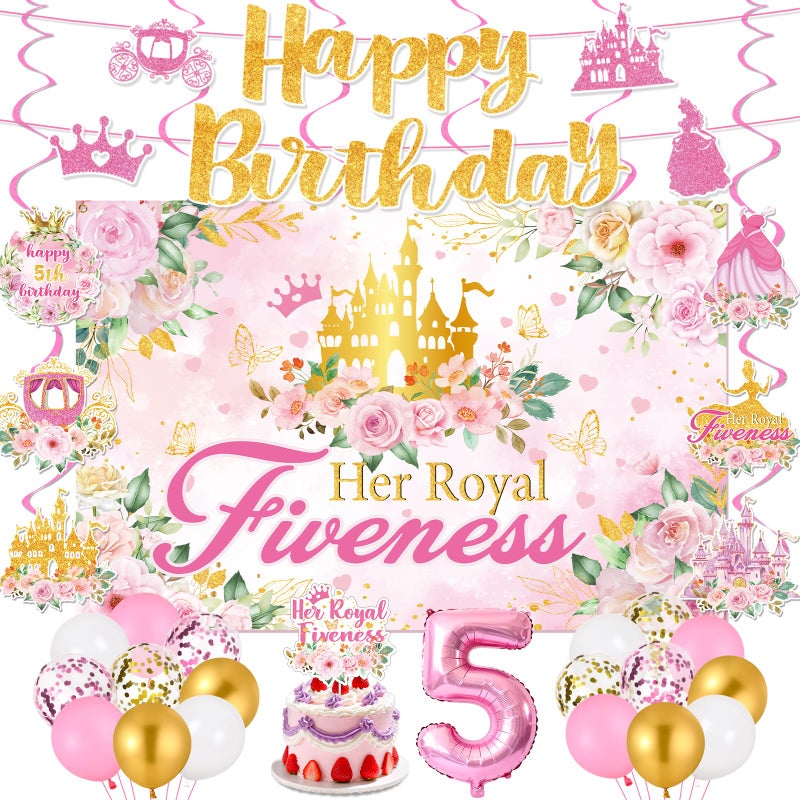 LUUFILx Princess 5th Birthday Party Decorations, Her Royal Fiveness Birthday Banner Pink Princess 5th Backdrop Banner Hanging Swirls Balloons Cake Topper for 5 Years Old Girl Bday Party Supplies - Image 1