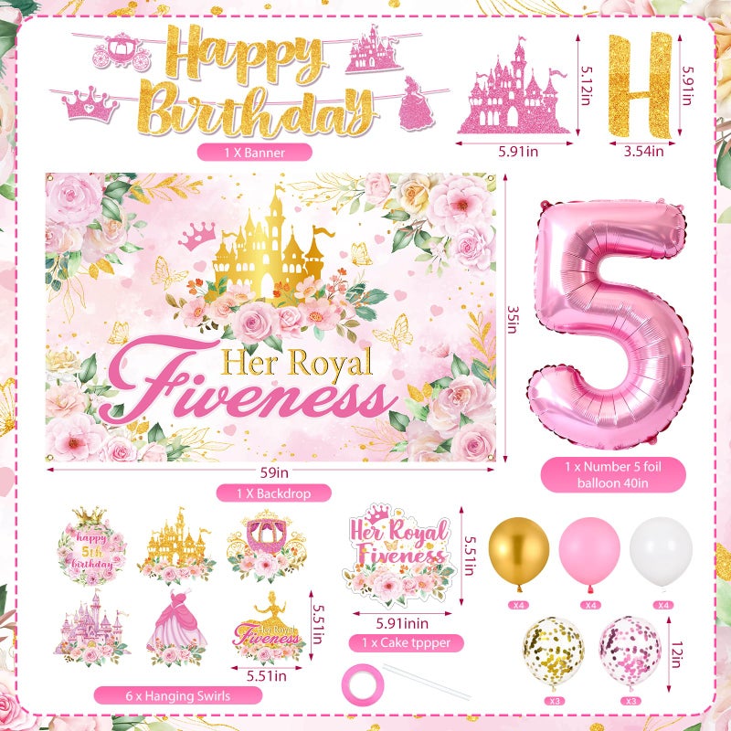 LUUFILx Princess 5th Birthday Party Decorations, Her Royal Fiveness Birthday Banner Pink Princess 5th Backdrop Banner Hanging Swirls Balloons Cake Topper for 5 Years Old Girl Bday Party Supplies - Image 5