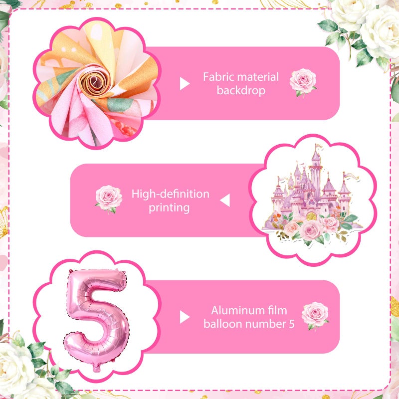 LUUFILx Princess 5th Birthday Party Decorations, Her Royal Fiveness Birthday Banner Pink Princess 5th Backdrop Banner Hanging Swirls Balloons Cake Topper for 5 Years Old Girl Bday Party Supplies - Image 4
