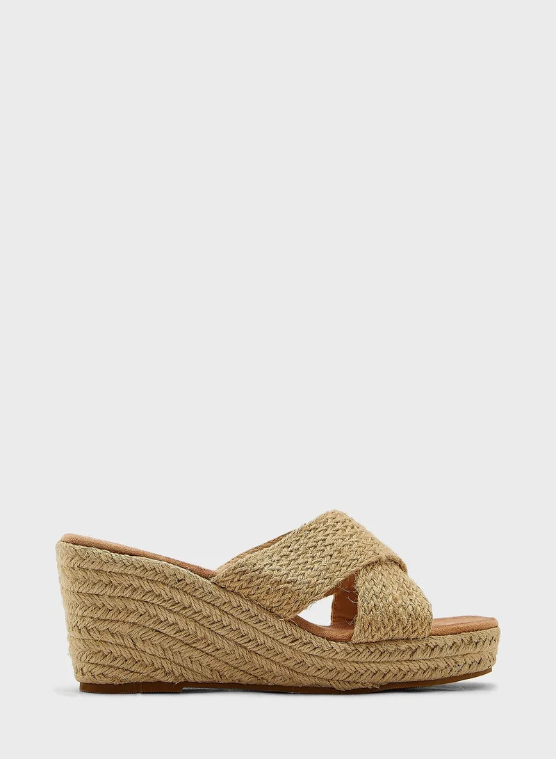 Ginger Cross Over Raffia Strap Wedge Heel Sandal