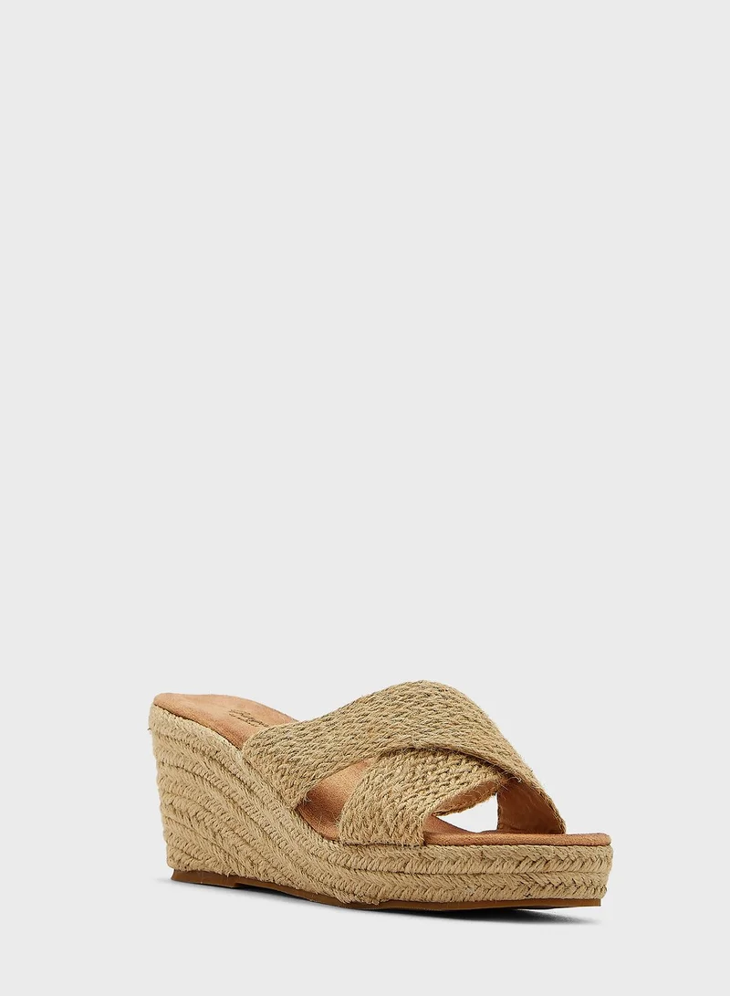 Ginger Cross Over Raffia Strap Wedge Heel Sandal