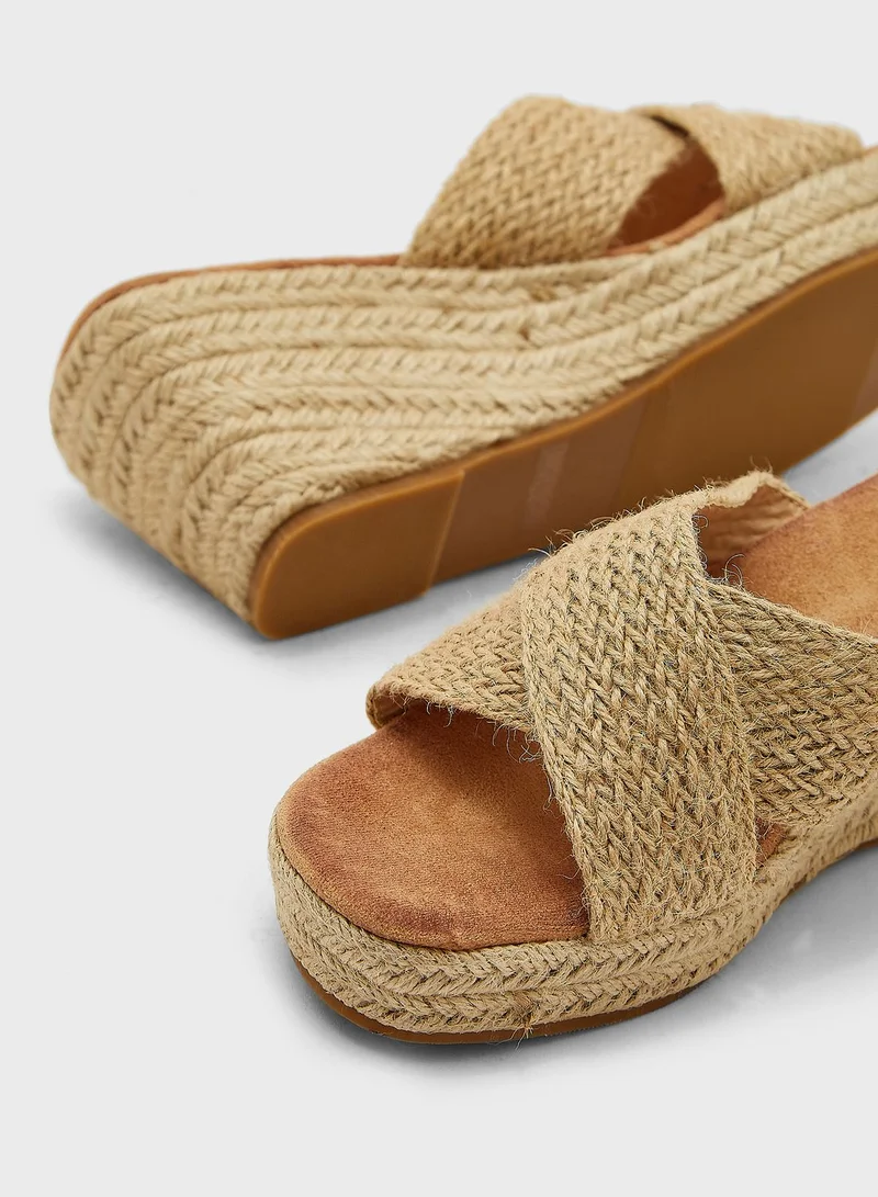 Ginger Cross Over Raffia Strap Wedge Heel Sandal