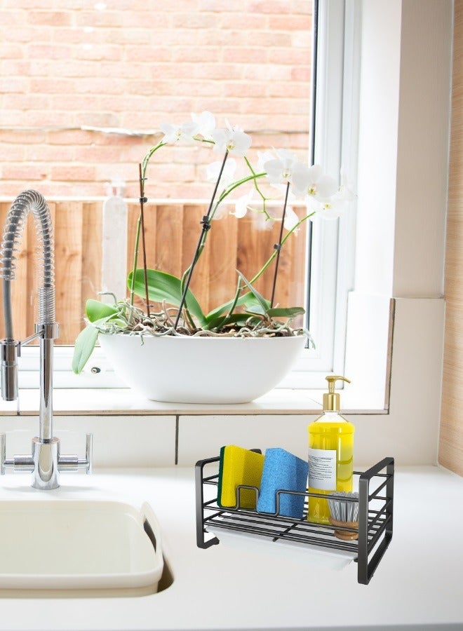  راك ستور  Kitchen Sink Sponge Holder Sink Caddy Organizer With Removable Drain Tray Countertop Dish Soap Holder Black Colour - Image 2
