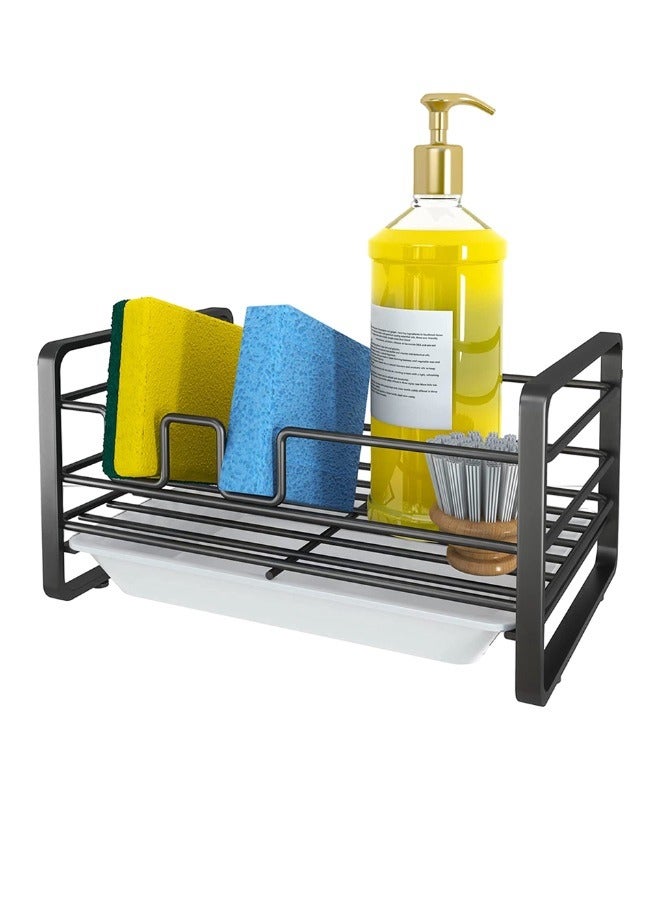  راك ستور  Kitchen Sink Sponge Holder Sink Caddy Organizer With Removable Drain Tray Countertop Dish Soap Holder Black Colour - Image 1