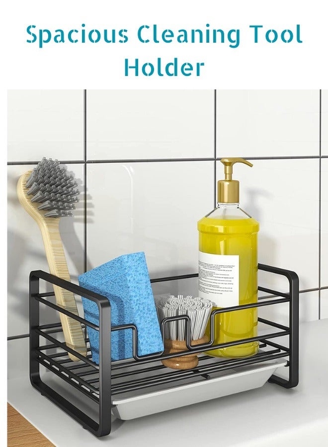  راك ستور  Kitchen Sink Sponge Holder Sink Caddy Organizer With Removable Drain Tray Countertop Dish Soap Holder Black Colour - Image 4