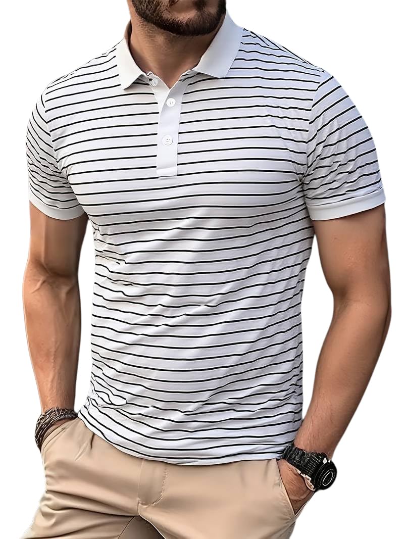 TAGDO Men's Striped Polo in Black & White Vertical (Strip-Polo-2036-White-XXL) - Image 1