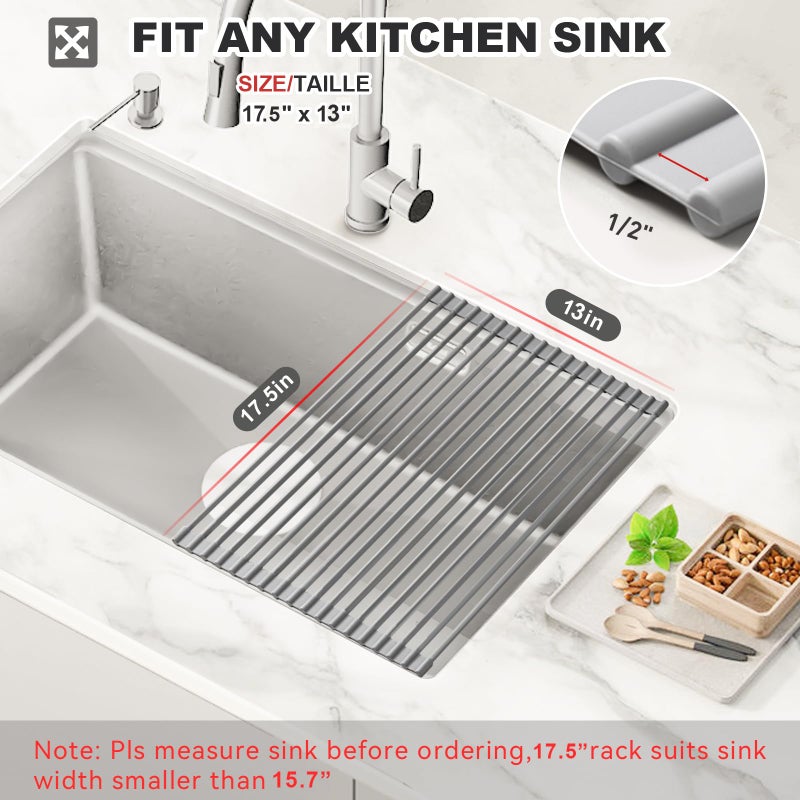 MERRYBOX Roll Up Dish Drying Rack, Over The Sink Dish Rack Foldable, Heat-Resistant, Anti-Slip Silicone Coated Steel Dish Drainer for Kitchen Sink, Multipurpose Roll Up Sink Drying Rack, 17.5" x 13" - Image 2