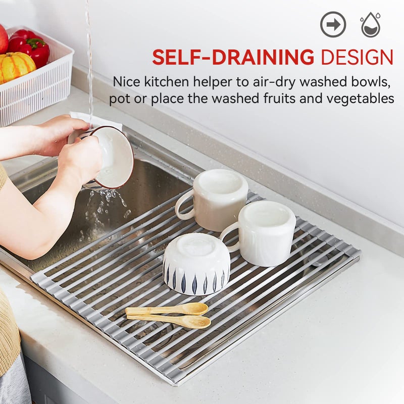 MERRYBOX Roll Up Dish Drying Rack, Over The Sink Dish Rack Foldable, Heat-Resistant, Anti-Slip Silicone Coated Steel Dish Drainer for Kitchen Sink, Multipurpose Roll Up Sink Drying Rack, 17.5" x 13" - Image 3