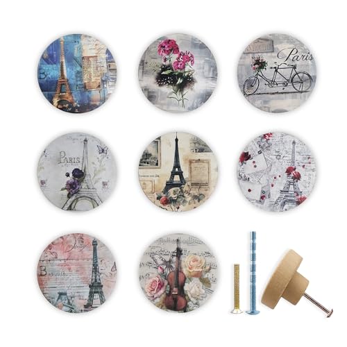 Lasyman 18 8PCS Vintage Unique Farmhouse Floral Paris Eiffel Shabby Chic Decorative Wooden Kitchen Cabinet Dresser Drawer Knobs and Pulls - Image 1