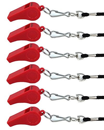 yueton Plastic Coach Whistles with Lanyard, Pack of 6 (Red) - Image 1