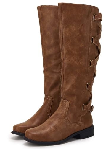 Syktkmx Womens Strappy Motorcycle Knee High Boots Winter Lace Up Riding Flat Low Heel Shoes, Brown, Size 9 - Image 4
