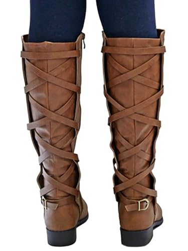 Syktkmx Womens Strappy Motorcycle Knee High Boots Winter Lace Up Riding Flat Low Heel Shoes, Brown, Size 9 - Image 3