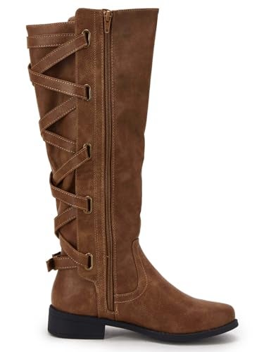Syktkmx Womens Strappy Motorcycle Knee High Boots Winter Lace Up Riding Flat Low Heel Shoes, Brown, Size 9 - Image 5