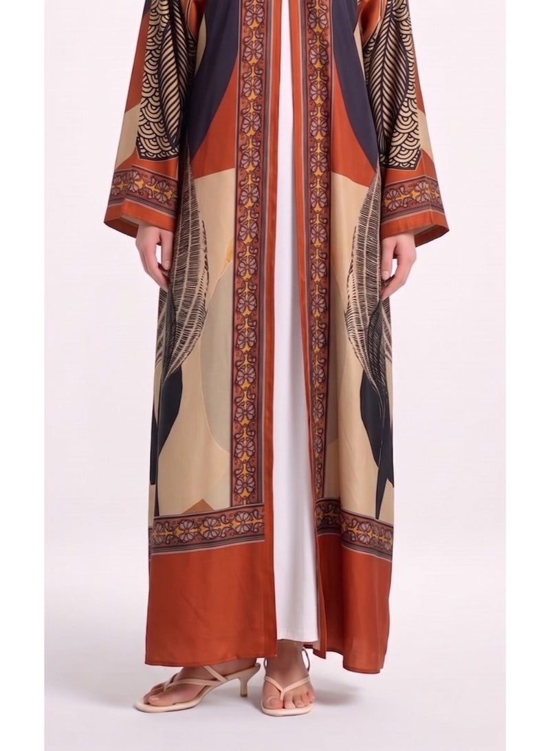 Next Abaya Luxury Abstract Graphic Print Silk Open Abaya Orange and Navy Kimono - Image 3