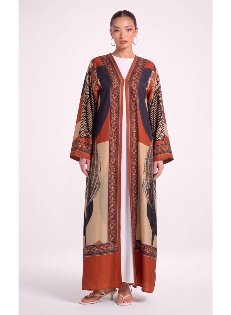 Next Abaya Luxury Abstract Graphic Print Silk Open Abaya Orange and Navy Kimono - Image 1