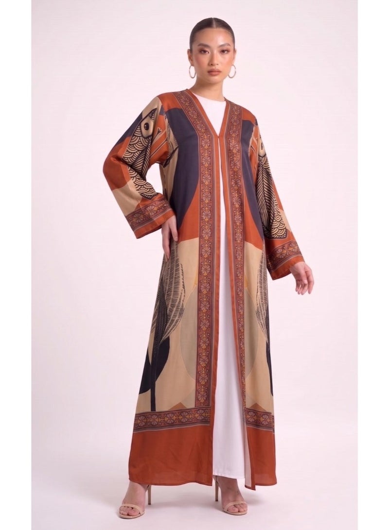 Next Abaya Luxury Abstract Graphic Print Silk Open Abaya Orange and Navy Kimono - Image 2