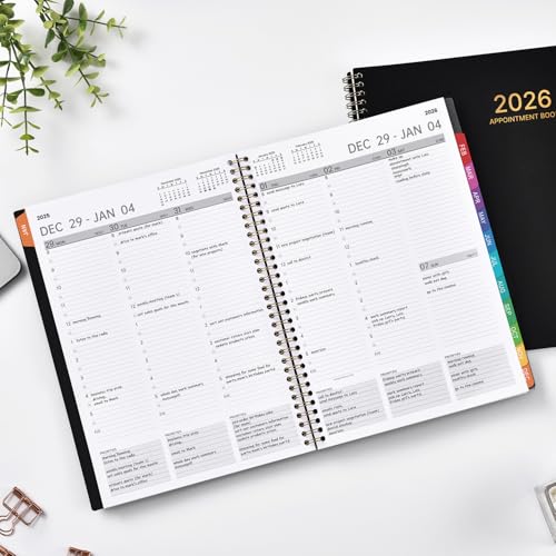 BooQool دفتر مواعيد 2026 - مخطط 2026 كبير 9" × 11"، يناير 2026 - ديسمبر 2026، مخطط يومي بالساعة بفواصل 30 دقيقة، أسبوعي وشهري، علامات شهرية ملونة، جيب داخلي - أسود - Image 2