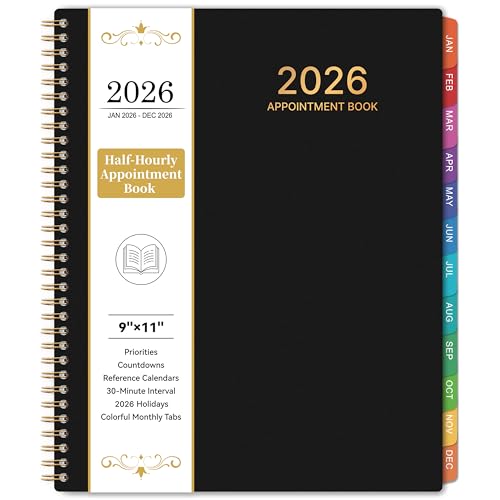 BooQool دفتر مواعيد 2026 - مخطط 2026 كبير 9" × 11"، يناير 2026 - ديسمبر 2026، مخطط يومي بالساعة بفواصل 30 دقيقة، أسبوعي وشهري، علامات شهرية ملونة، جيب داخلي - أسود - Image 1