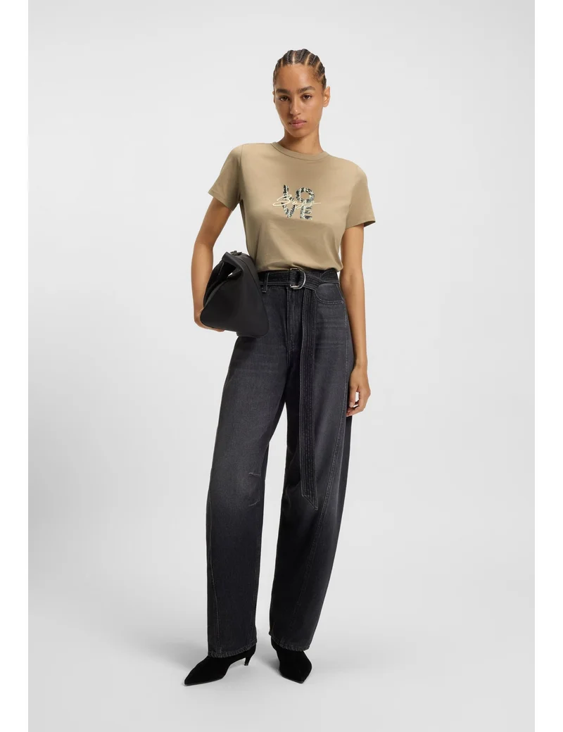 BOSS Brown Slim-fit T-shirt in cotton jersey with logo artwork for Women | Best Price UAE