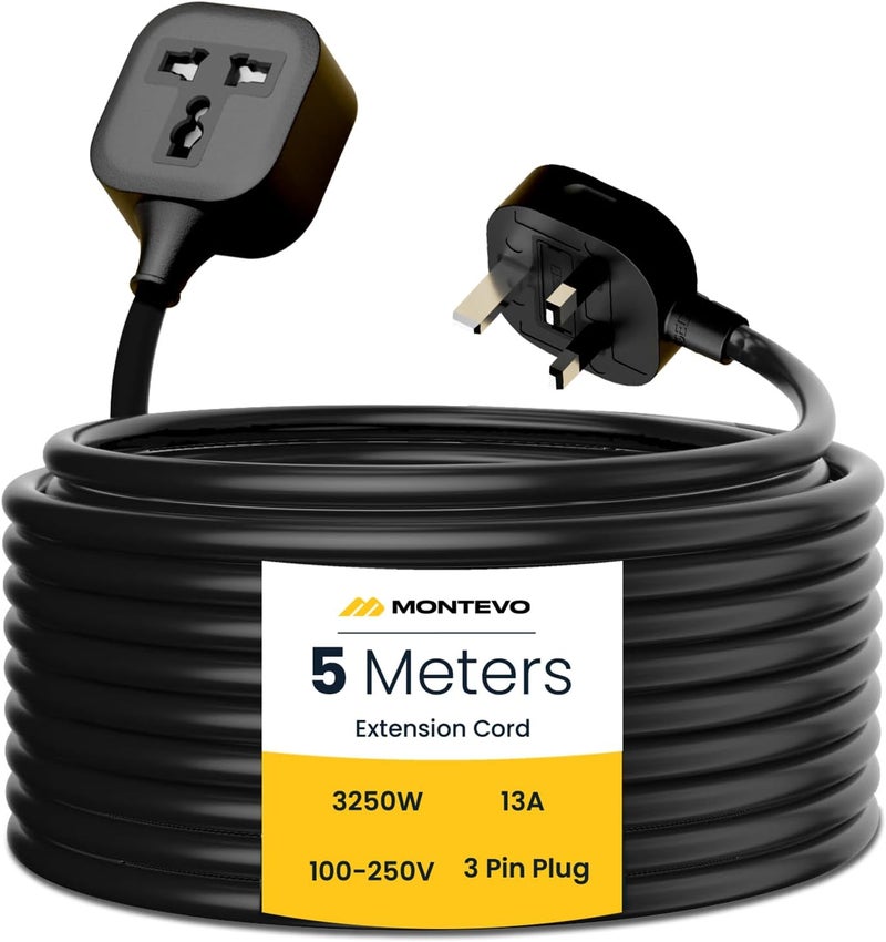 5M Power Extension Cord, 5 Meters Universal Electric Cable Extender, 1 Way Single Socket, 13A 250V 3250W Plug Wire for Home & Office Use (5M) - Image 1